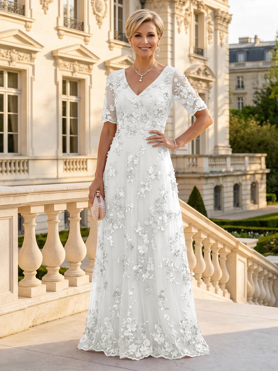 A Line V Neck Short Sleeves Long Mother of the Bride Dresses