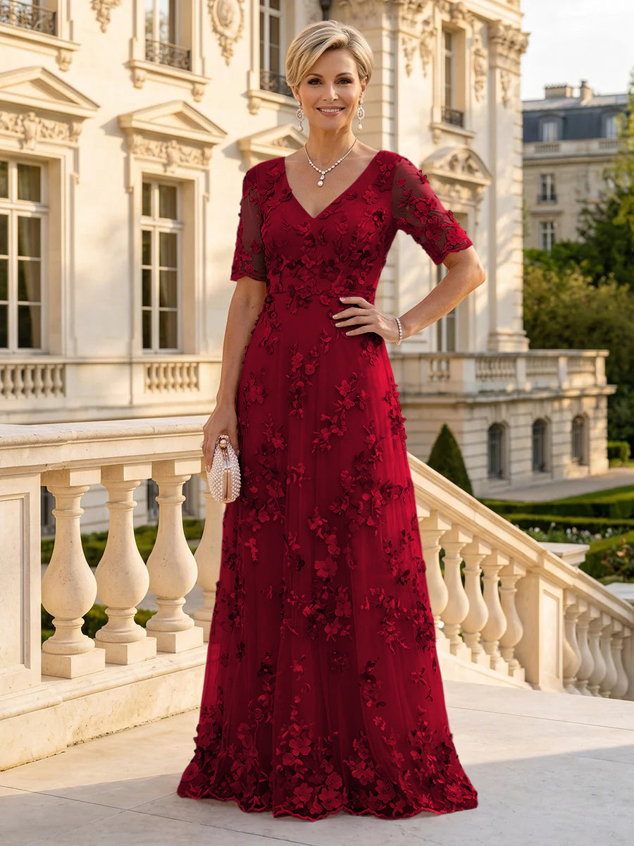 A Line V Neck Short Sleeves Long Mother of the Bride Dresses