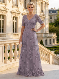 A Line V Neck Short Sleeves Long Mother of the Bride Dresses