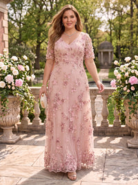 A Line V Neck Plus Size Short Sleeves Long Mother of the Bride Dresses