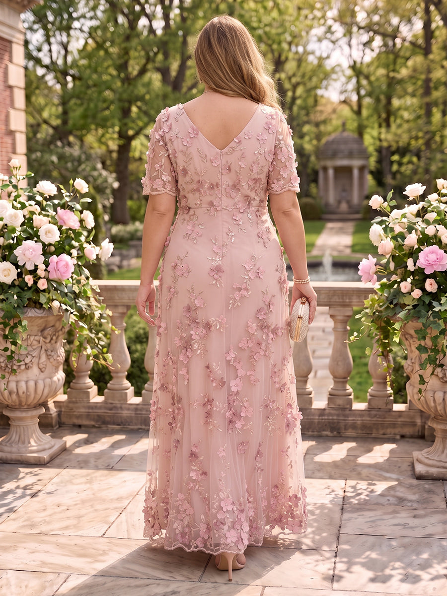 A Line V Neck Plus Size Short Sleeves Long Mother of the Bride Dresses