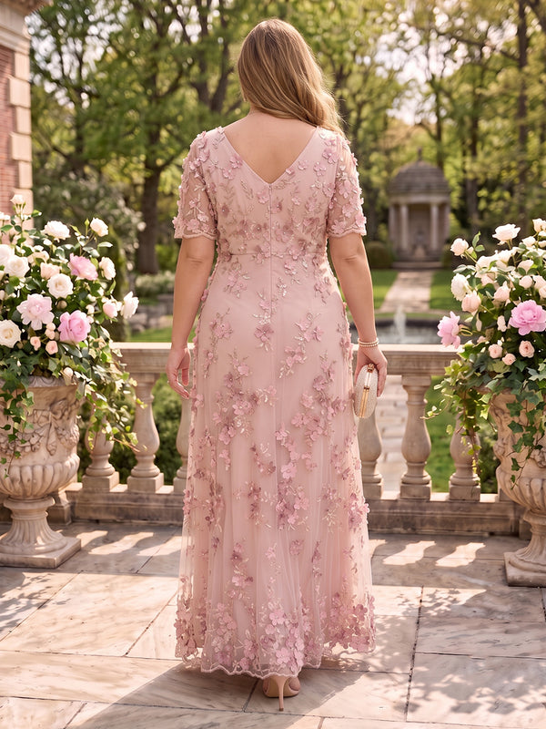 A Line V Neck Plus Size Short Sleeves Long Mother of the Bride Dresses
