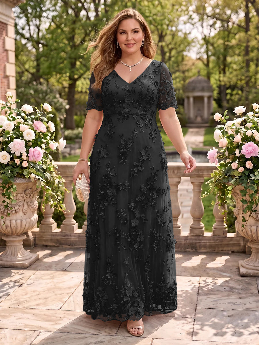 A Line V Neck Plus Size Short Sleeves Long Mother of the Bride Dresses