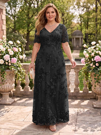 A Line V Neck Plus Size Short Sleeves Long Mother of the Bride Dresses
