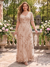 A Line V Neck Plus Size Short Sleeves Long Mother of the Bride Dresses