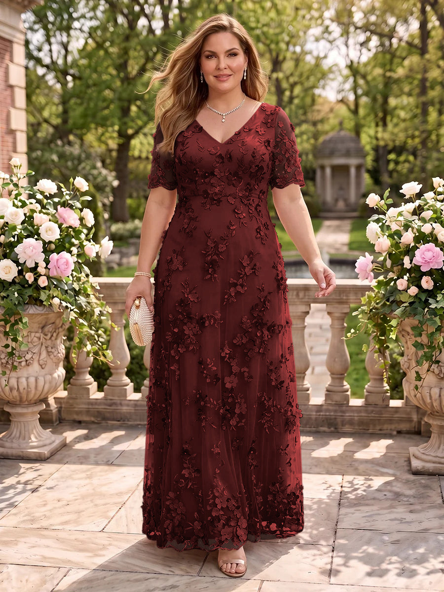 A Line V Neck Plus Size Short Sleeves Long Mother of the Bride Dresses