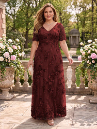 A Line V Neck Plus Size Short Sleeves Long Mother of the Bride Dresses