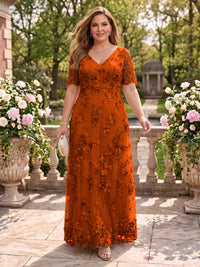 A Line V Neck Plus Size Short Sleeves Long Mother of the Bride Dresses