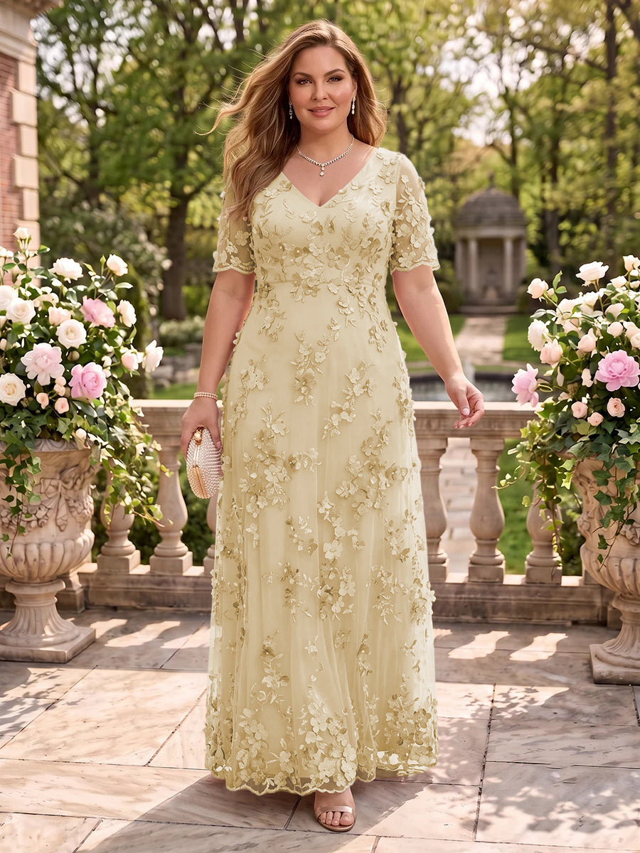 A Line V Neck Plus Size Short Sleeves Long Mother of the Bride Dresses