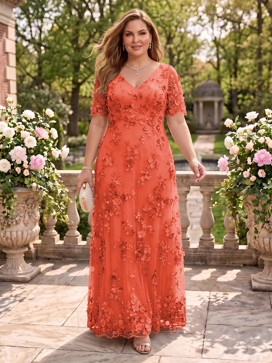 A Line V Neck Plus Size Short Sleeves Long Mother of the Bride Dresses