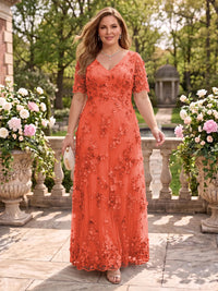 A Line V Neck Plus Size Short Sleeves Long Mother of the Bride Dresses