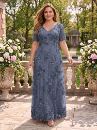 A Line V Neck Plus Size Short Sleeves Long Mother of the Bride Dresses