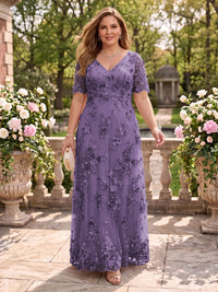 A Line V Neck Plus Size Short Sleeves Long Mother of the Bride Dresses