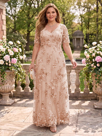 A Line V Neck Plus Size Short Sleeves Long Mother of the Bride Dresses