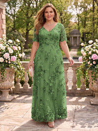 A Line V Neck Plus Size Short Sleeves Long Mother of the Bride Dresses