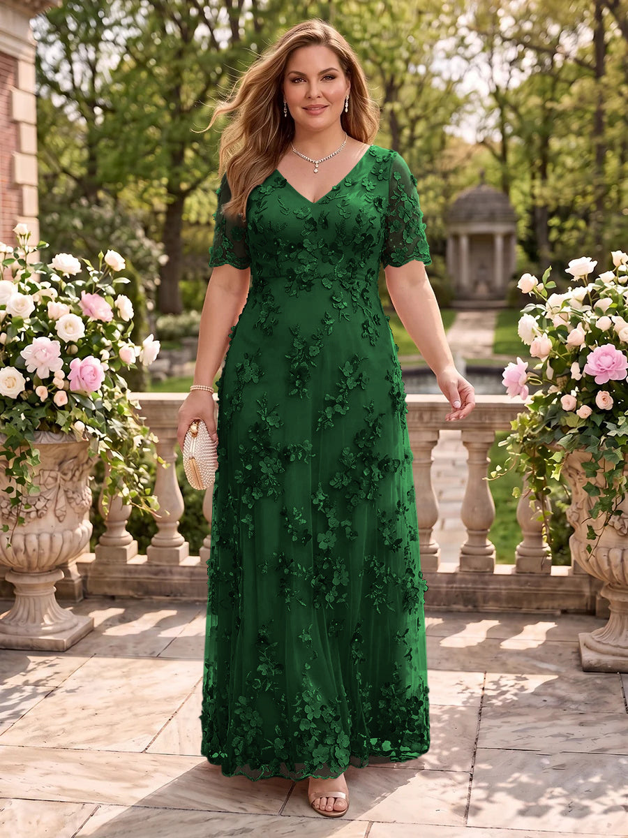 A Line V Neck Plus Size Short Sleeves Long Mother of the Bride Dresses