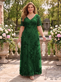 A Line V Neck Plus Size Short Sleeves Long Mother of the Bride Dresses