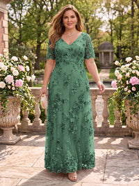 A Line V Neck Plus Size Short Sleeves Long Mother of the Bride Dresses