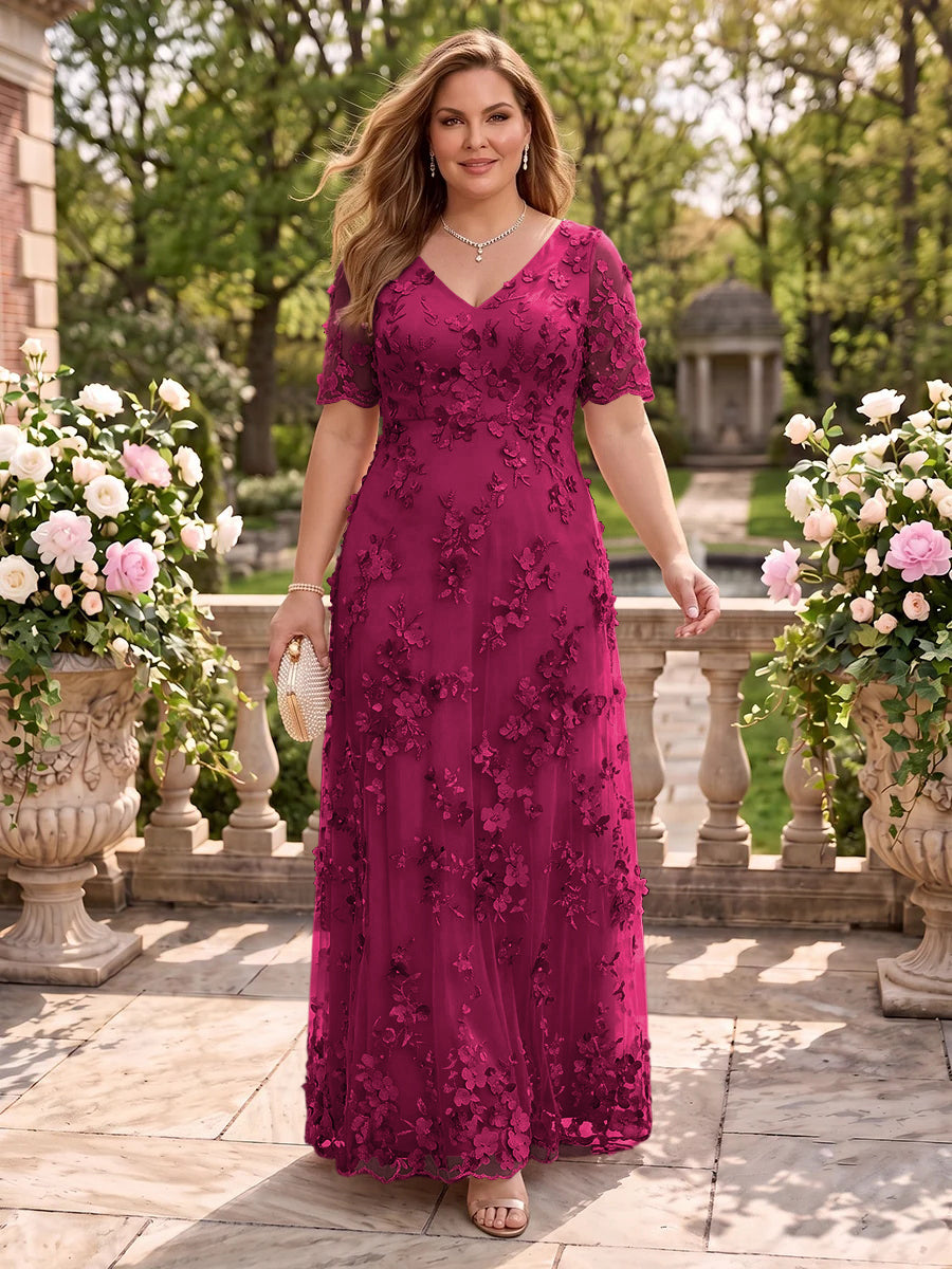 A Line V Neck Plus Size Short Sleeves Long Mother of the Bride Dresses