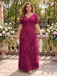 A Line V Neck Plus Size Short Sleeves Long Mother of the Bride Dresses