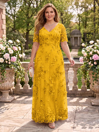 A Line V Neck Plus Size Short Sleeves Long Mother of the Bride Dresses