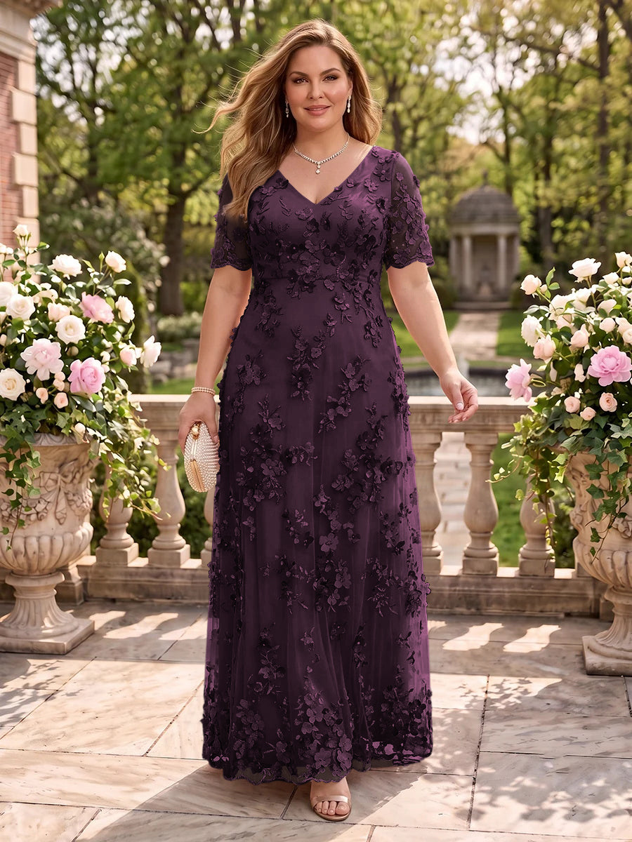 A Line V Neck Plus Size Short Sleeves Long Mother of the Bride Dresses