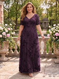 A Line V Neck Plus Size Short Sleeves Long Mother of the Bride Dresses