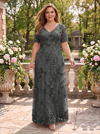 A Line V Neck Plus Size Short Sleeves Long Mother of the Bride Dresses
