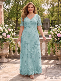 A Line V Neck Plus Size Short Sleeves Long Mother of the Bride Dresses