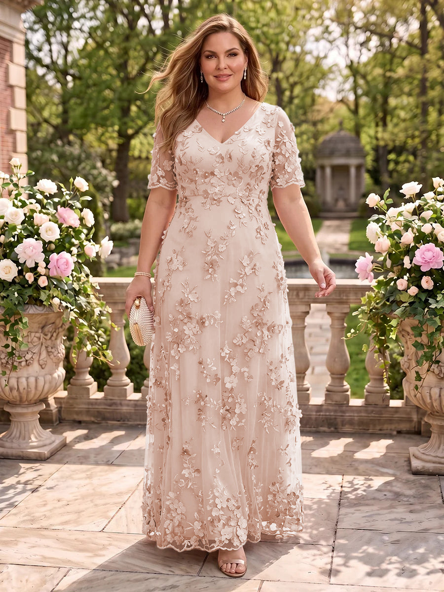 A Line V Neck Plus Size Short Sleeves Long Mother of the Bride Dresses