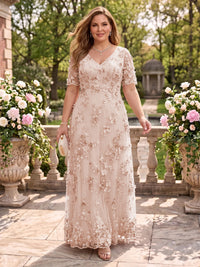 A Line V Neck Plus Size Short Sleeves Long Mother of the Bride Dresses