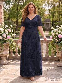 A Line V Neck Plus Size Short Sleeves Long Mother of the Bride Dresses