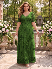 A Line V Neck Plus Size Short Sleeves Long Mother of the Bride Dresses