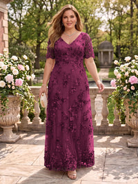 A Line V Neck Plus Size Short Sleeves Long Mother of the Bride Dresses