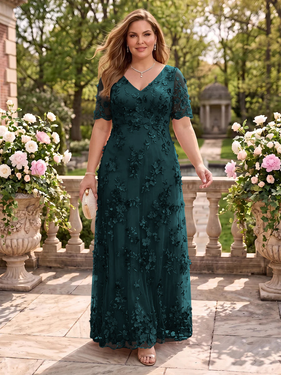 A Line V Neck Plus Size Short Sleeves Long Mother of the Bride Dresses