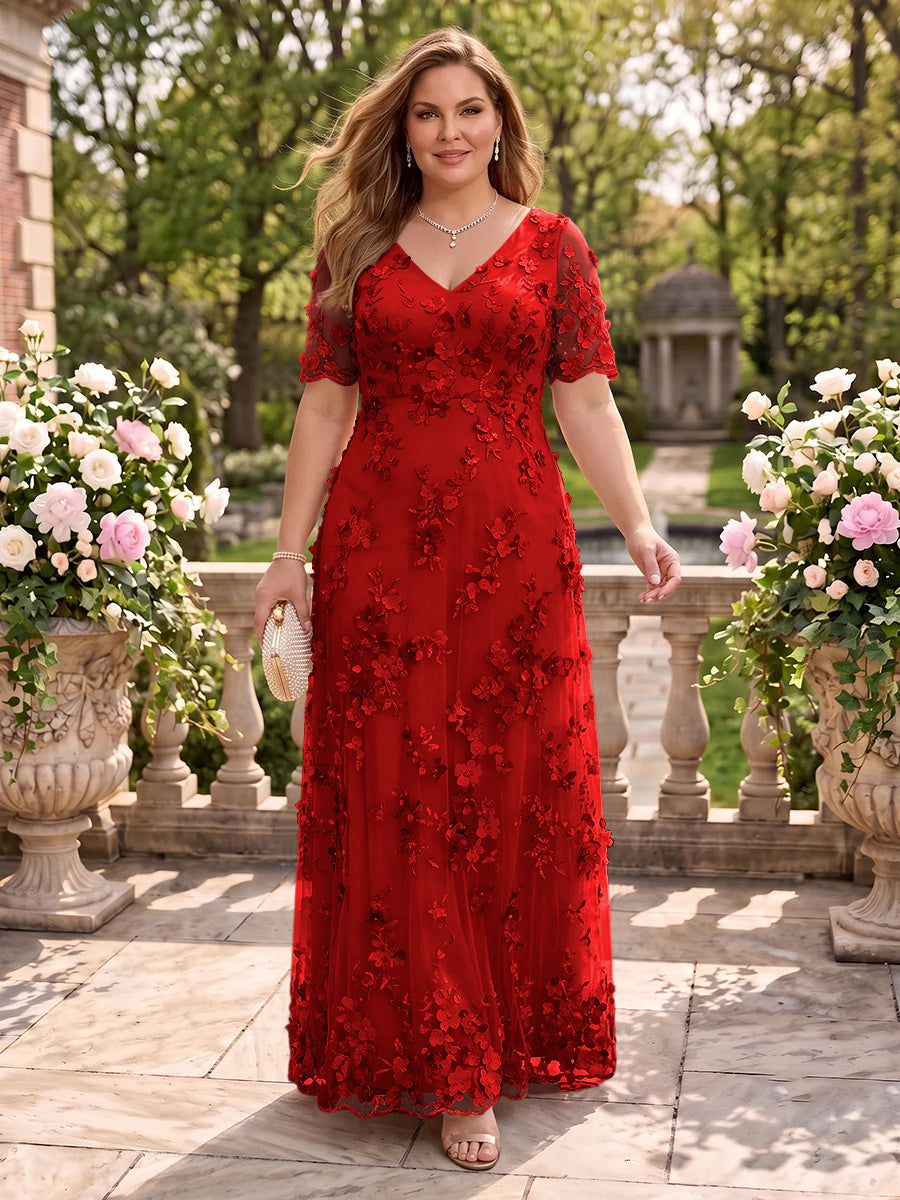 A Line V Neck Plus Size Short Sleeves Long Mother of the Bride Dresses