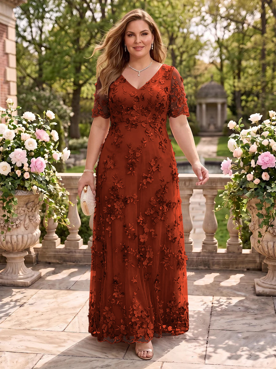 A Line V Neck Plus Size Short Sleeves Long Mother of the Bride Dresses