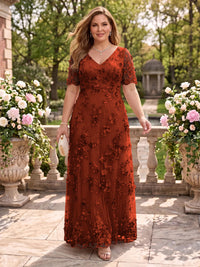 A Line V Neck Plus Size Short Sleeves Long Mother of the Bride Dresses