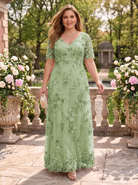 A Line V Neck Plus Size Short Sleeves Long Mother of the Bride Dresses