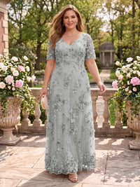 A Line V Neck Plus Size Short Sleeves Long Mother of the Bride Dresses