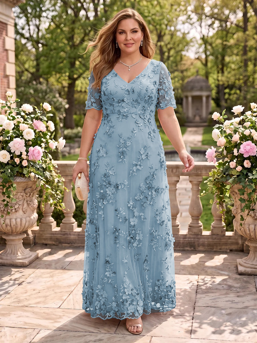A Line V Neck Plus Size Short Sleeves Long Mother of the Bride Dresses