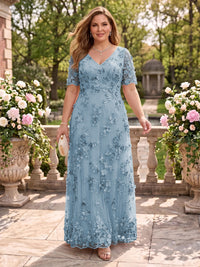 A Line V Neck Plus Size Short Sleeves Long Mother of the Bride Dresses
