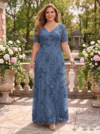 A Line V Neck Plus Size Short Sleeves Long Mother of the Bride Dresses
