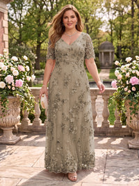 A Line V Neck Plus Size Short Sleeves Long Mother of the Bride Dresses