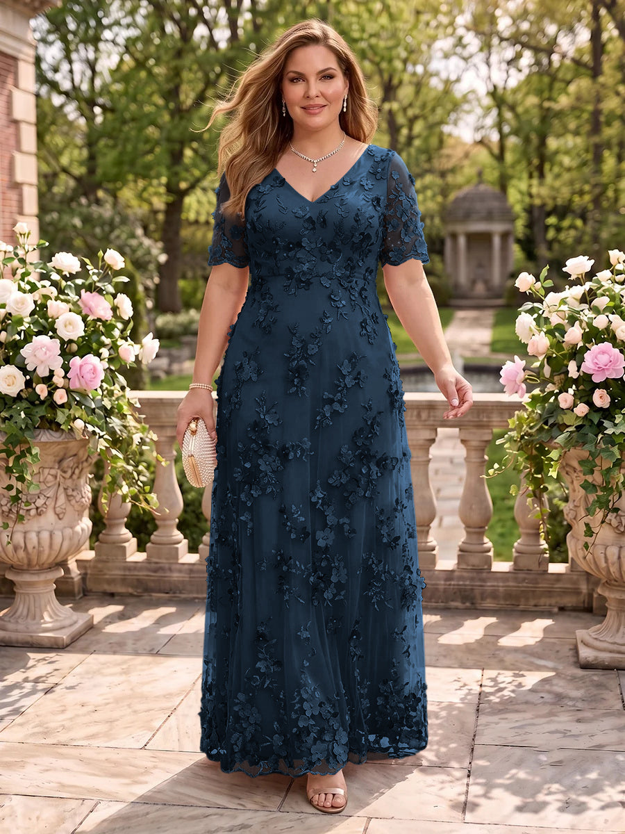 A Line V Neck Plus Size Short Sleeves Long Mother of the Bride Dresses