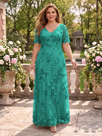 A Line V Neck Plus Size Short Sleeves Long Mother of the Bride Dresses