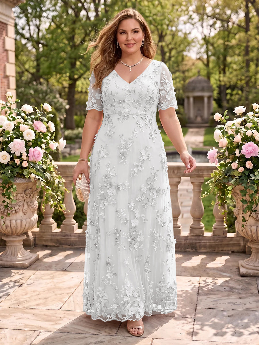 A Line V Neck Plus Size Short Sleeves Long Mother of the Bride Dresses