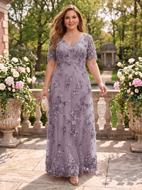 A Line V Neck Plus Size Short Sleeves Long Mother of the Bride Dresses