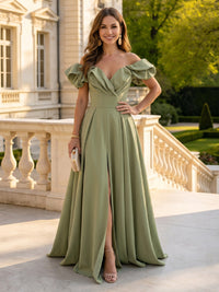 A Line Off Shoulder Sleeveless Long Mother of the Bride Dresses with Slit