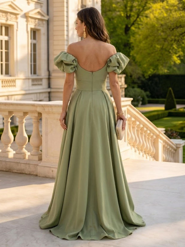 A Line Off Shoulder Sleeveless Long Mother of the Bride Dresses with Slit